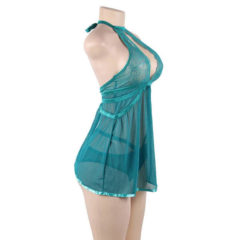 Plus & Curvy Size Nightdress With Lace Top with Oval Cut-out and Sheer Skirt, Sheer Panty