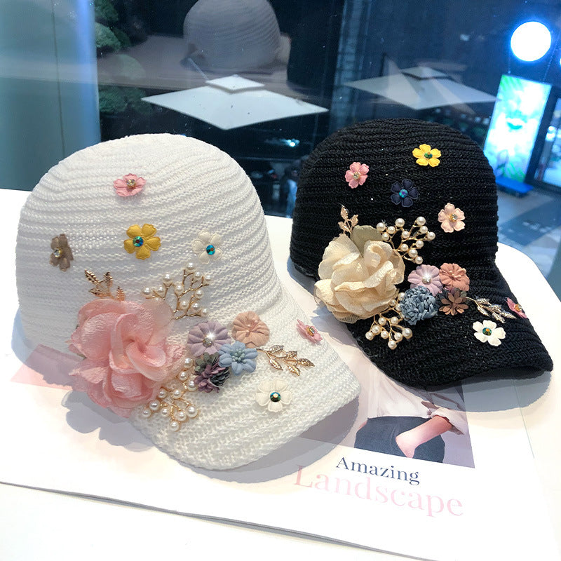 Women's Knitted Flower Rhinestone Handmade Applique Sunshade Cap