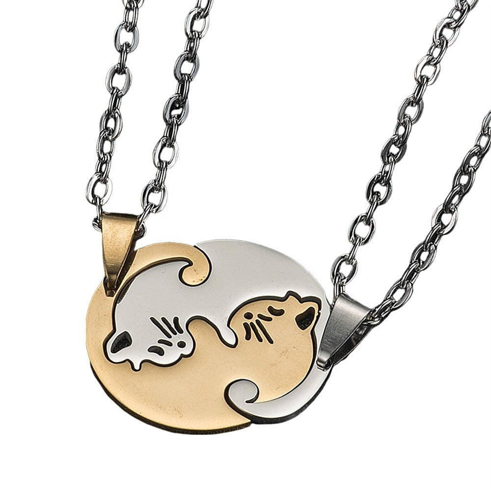 Creative Peach Heart Cat Couple Necklace Stitching Stainless Steel