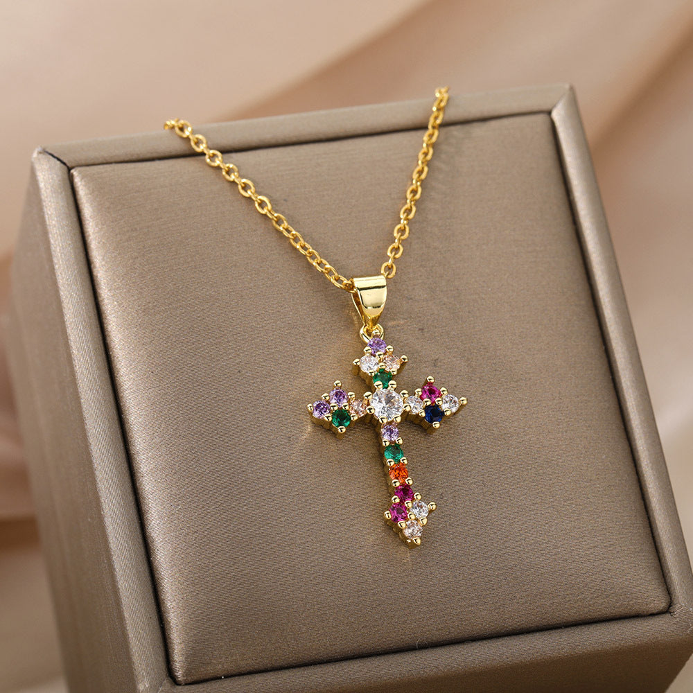 Color Zirconium Cross Pendant Necklace