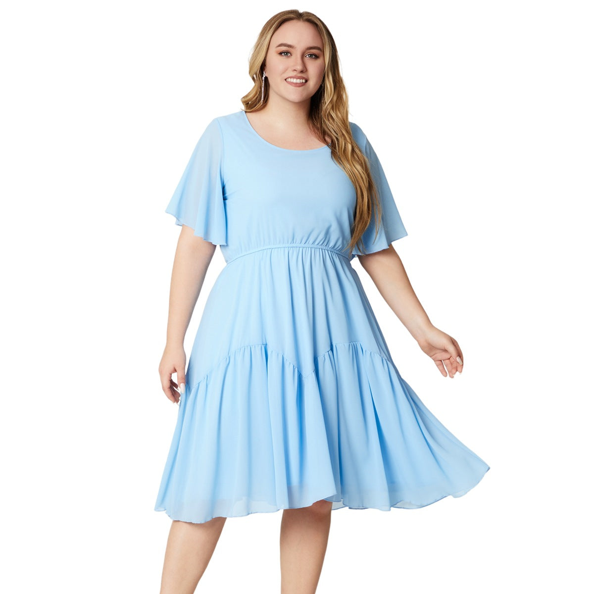 Women's Short Flounce Sleeve Floral Printed Chiffon Dress With Elastic Waist