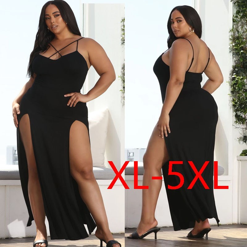 Curve-Hugging Long Sling Dress with Two Long Splits and Skinny Straps that Cross at Front