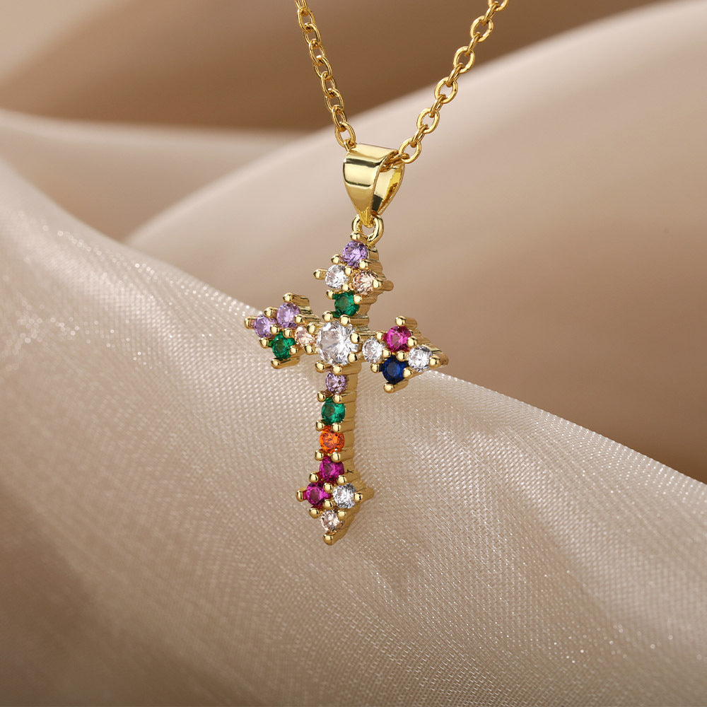 Color Zirconium Cross Pendant Necklace