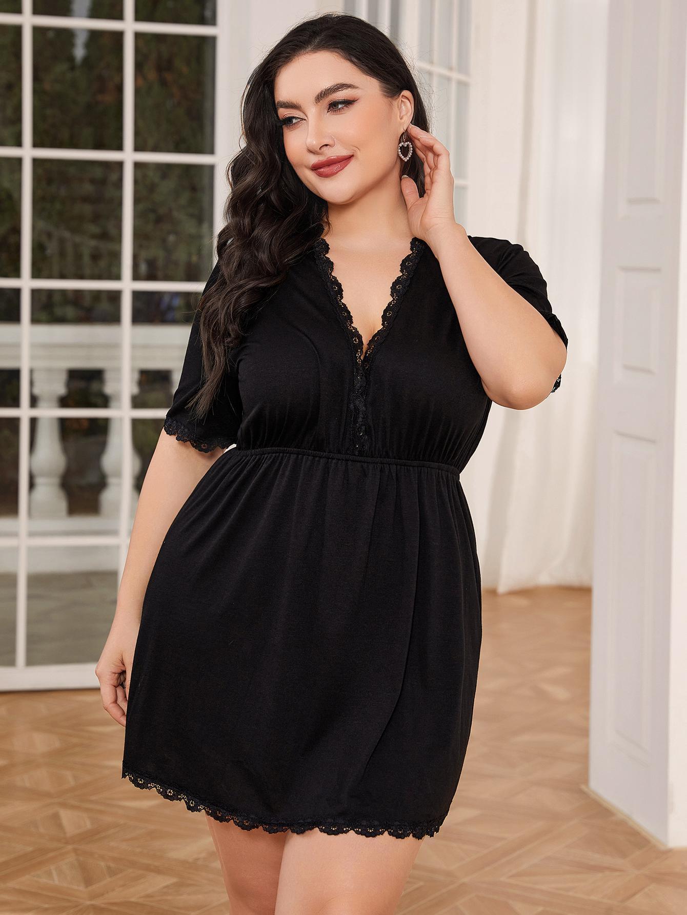 Lace-Trimmed Soft V-Neck Short Sleeve Elastic Waist Black Short Night Dress