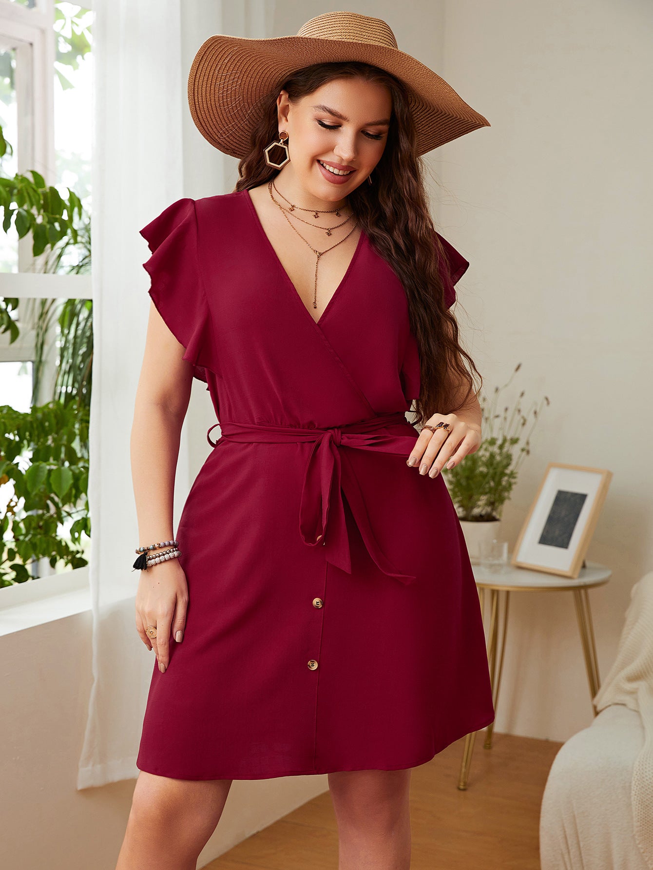 Deep V-Neck Ruffle Sleeves Short Dress
