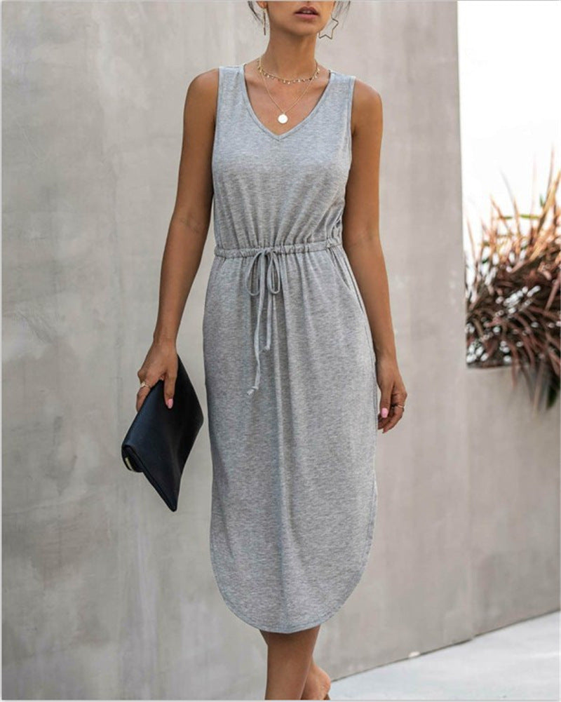 Cinched-waist Wide V-Neck Vest Dress