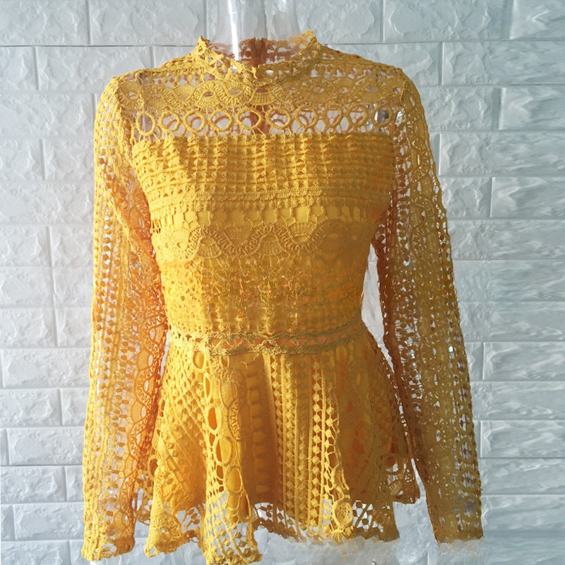 Crocheted Hollow Long Sleeve Lace Shirt