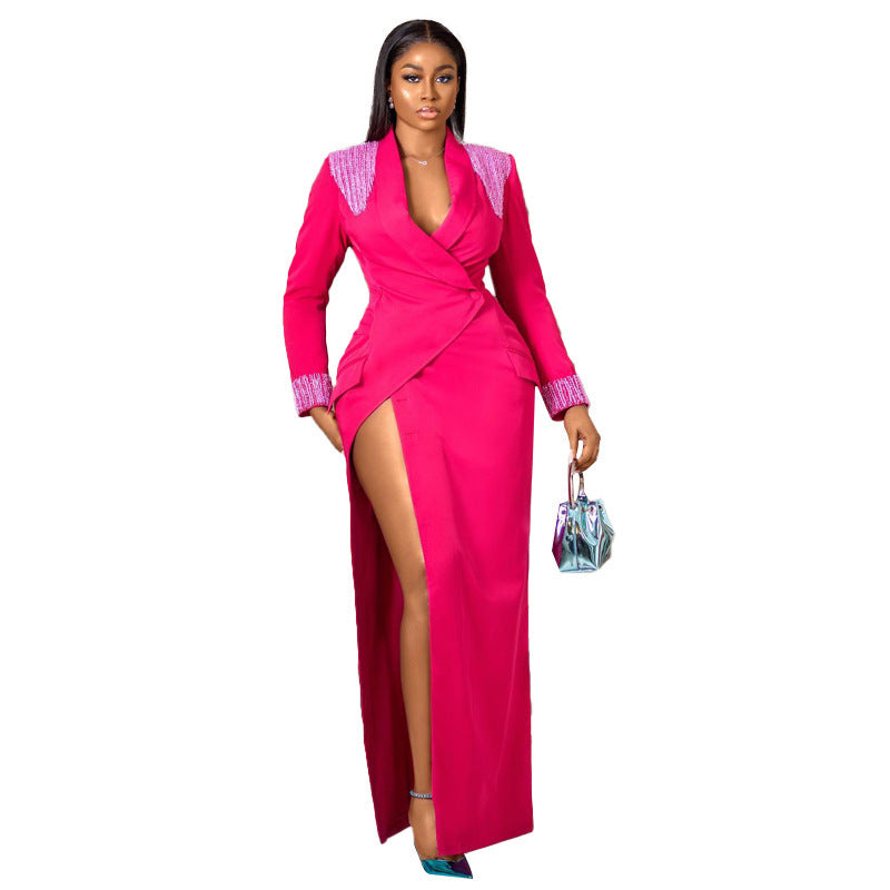 Rose Red Collar Deep V Split High Waist Long Suit Dress