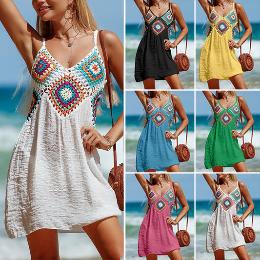 Summer Sleeveless V-neck Hollow Dress with Bohemia Stitching Colorful Pattern