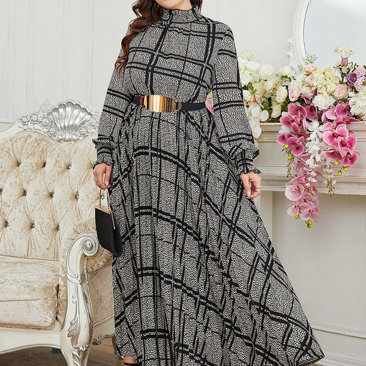 Large Simple Plaid Long Flowing Dress with Long Sleeves