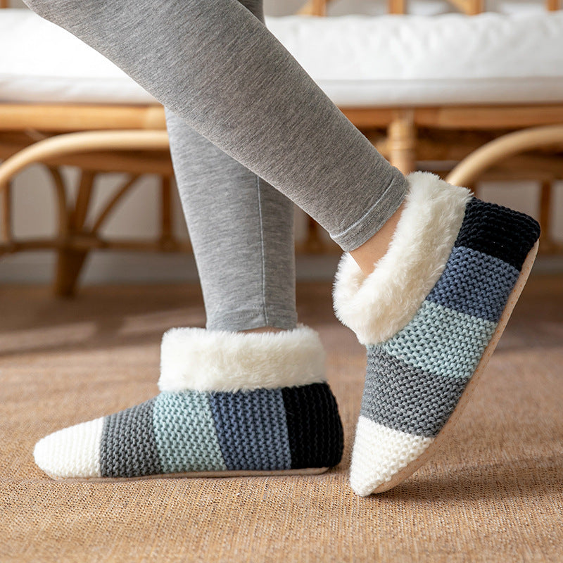 Home Indoor Warm Non-slip Color-matching Knitted Plush Floor Socks