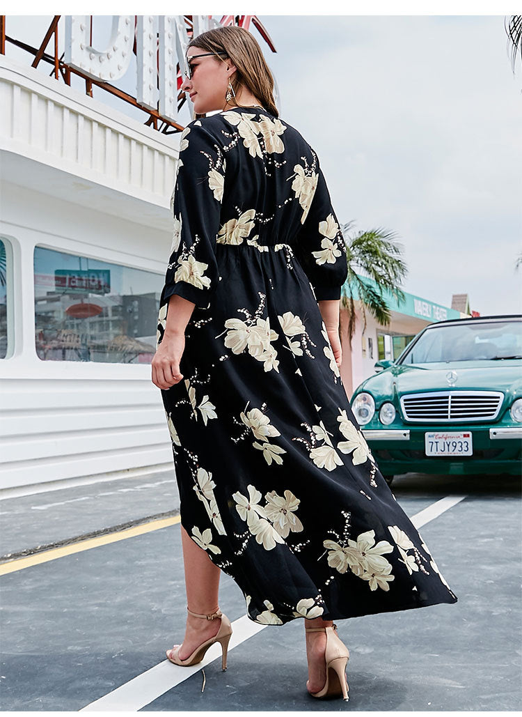 High-Low Dress with Large Floral Designs and Mid-length Flounce Sleeves