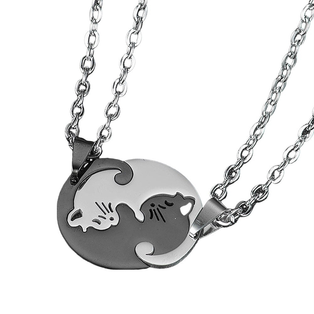 Creative Peach Heart Cat Couple Necklace Stitching Stainless Steel