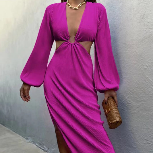Women's Ribbed Dress with Long Flounce Sleeves (Plus Sizes available)