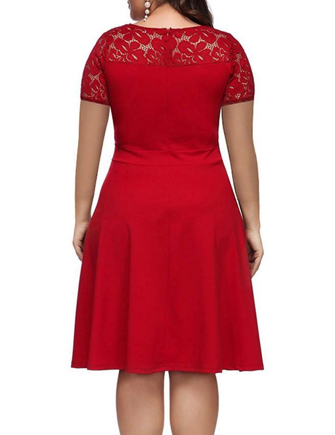 Midi V-Neck Dress with Short Lace Sleeves