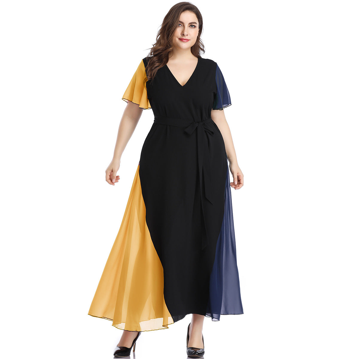 Long V-Neck Maxi Dress with Flounce Sleeves