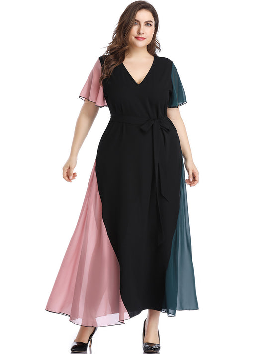 Long V-Neck Maxi Dress with Flounce Sleeves