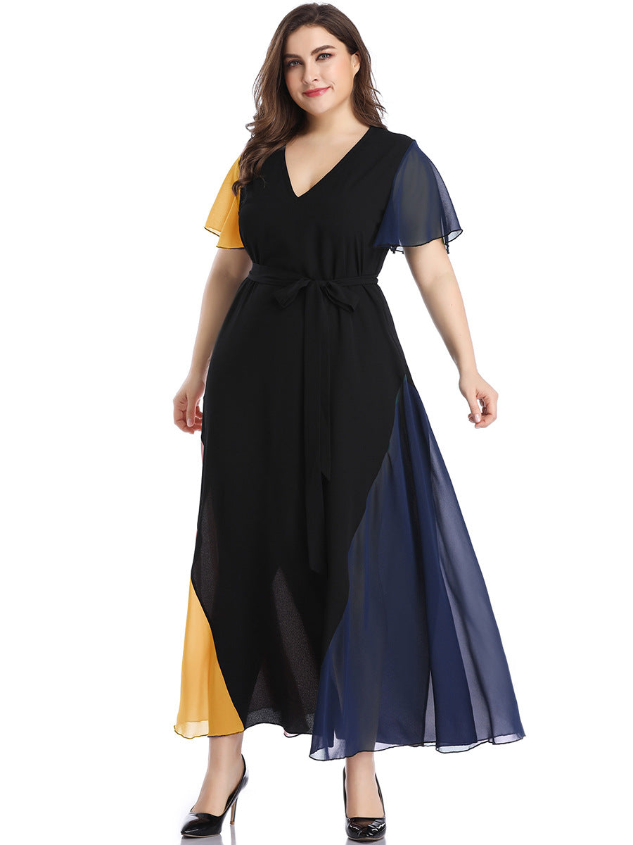 Long V-Neck Maxi Dress with Flounce Sleeves