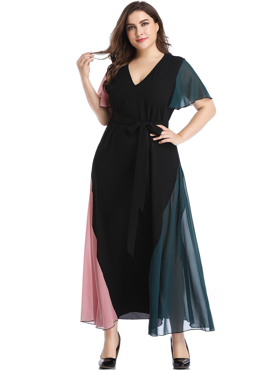 Long V-Neck Maxi Dress with Flounce Sleeves