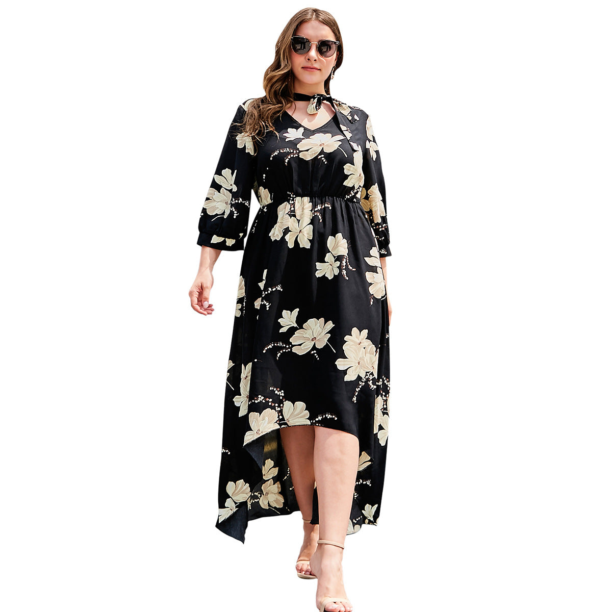 High-Low Dress with Large Floral Designs and Mid-length Flounce Sleeves