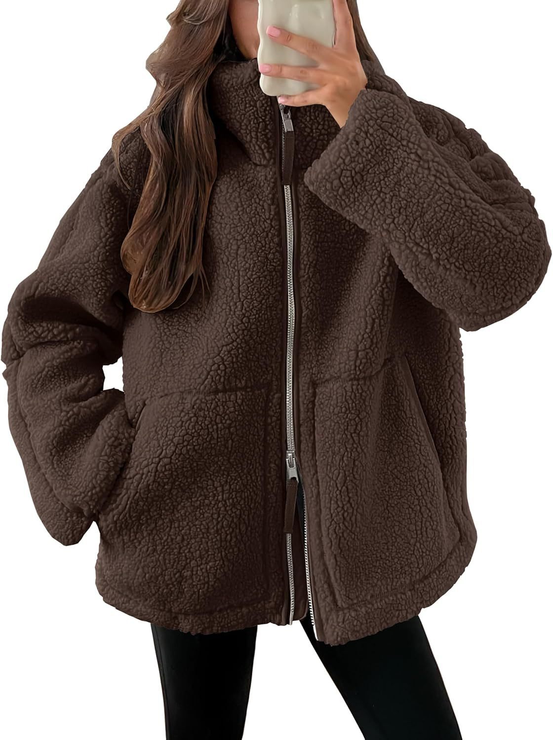 Solid Fleece Long-sleeve Winter Lapel Zip-up Coat With Pockets