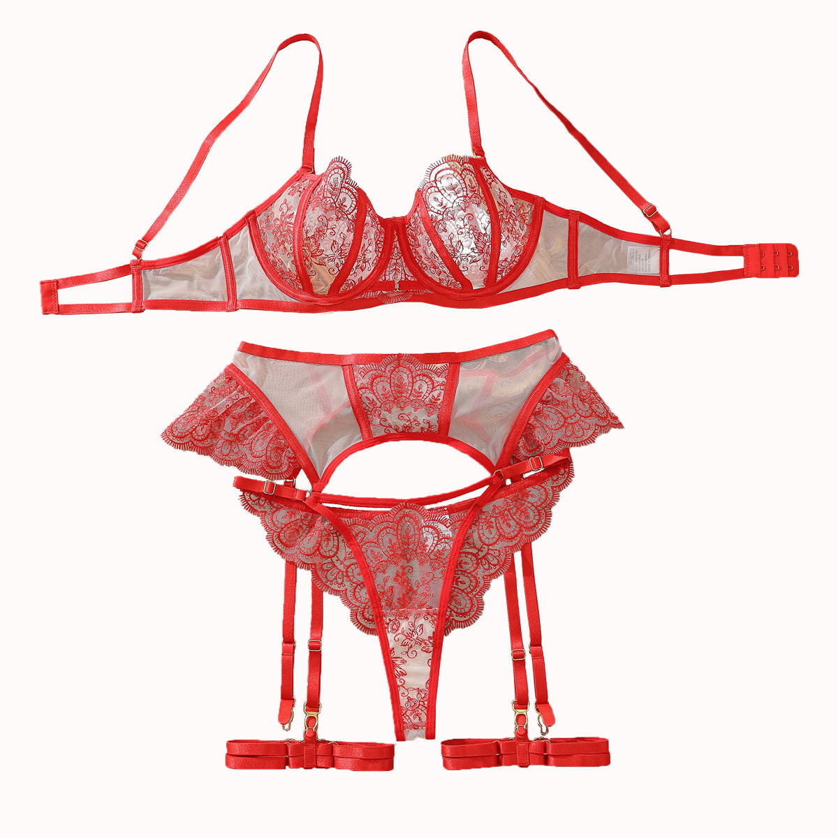 Red Lace Lingerie Set With Hollow-out Back