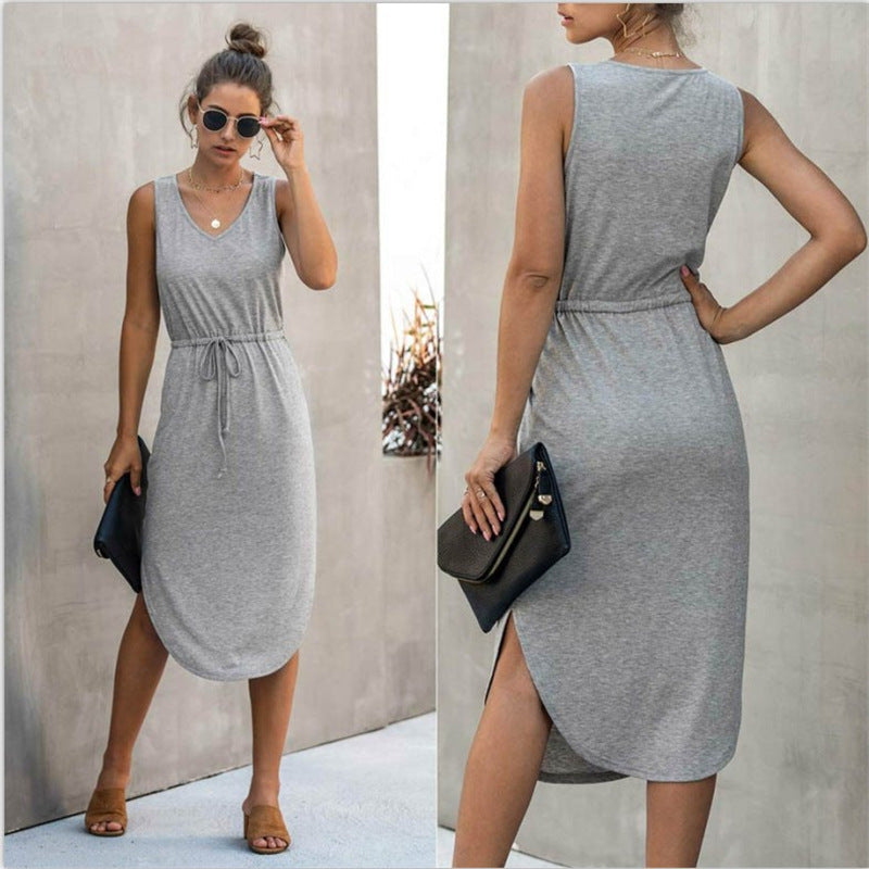 Cinched-waist Wide V-Neck Vest Dress