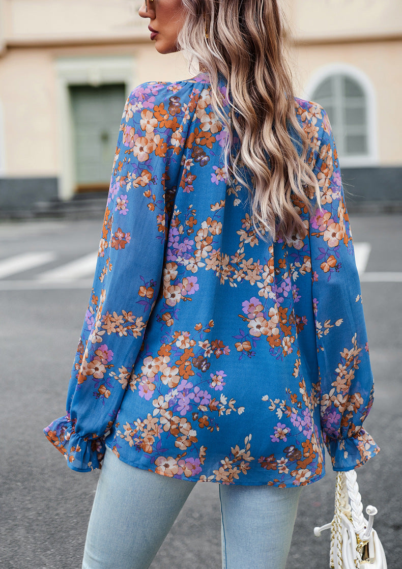 Women's Floral Print V-Neck Long Flounce Sleeve Loose Chiffon Blouse