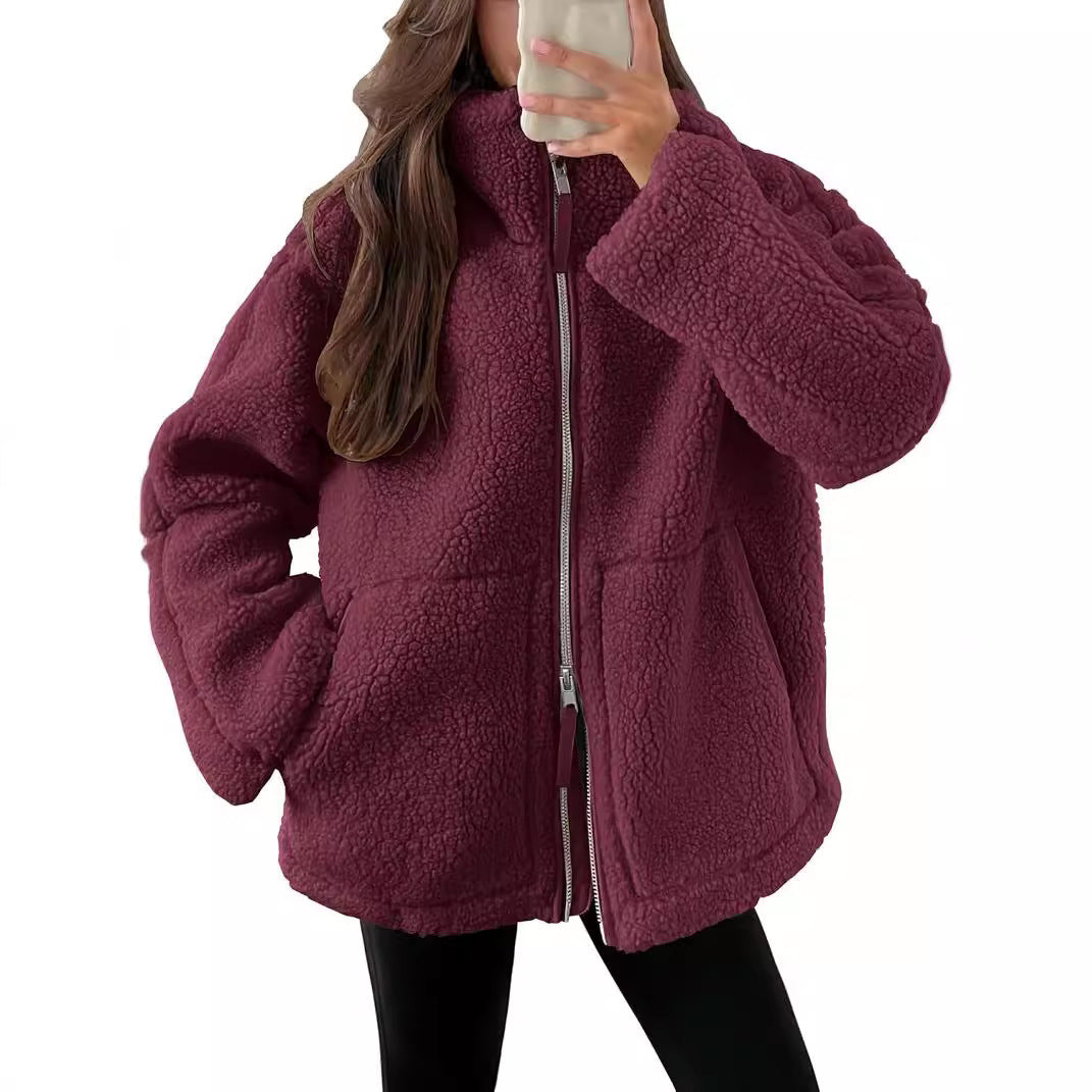 Solid Fleece Long-sleeve Winter Lapel Zip-up Coat With Pockets