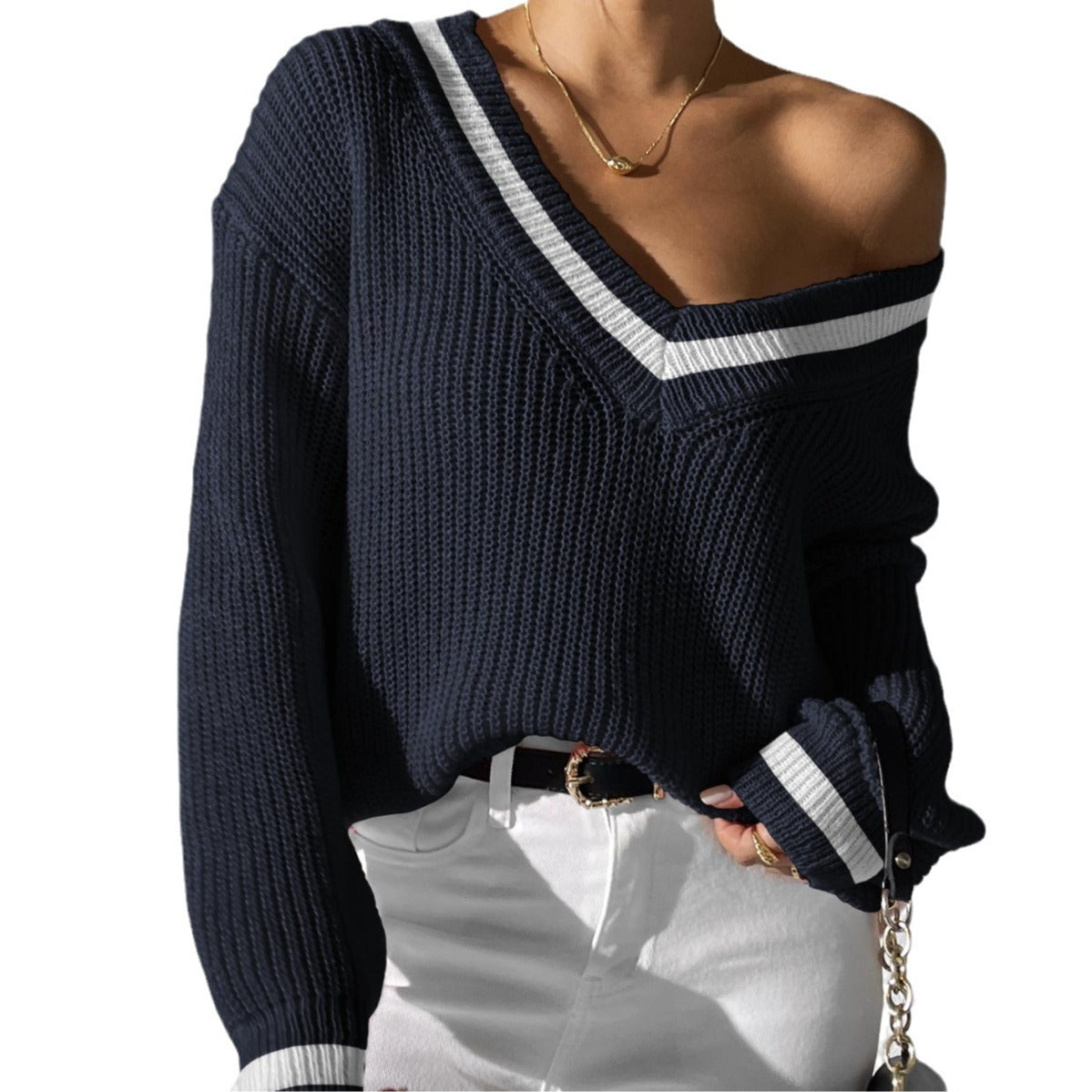 Women's Sweater Contrast Color V-neck Loose Sweater Casual