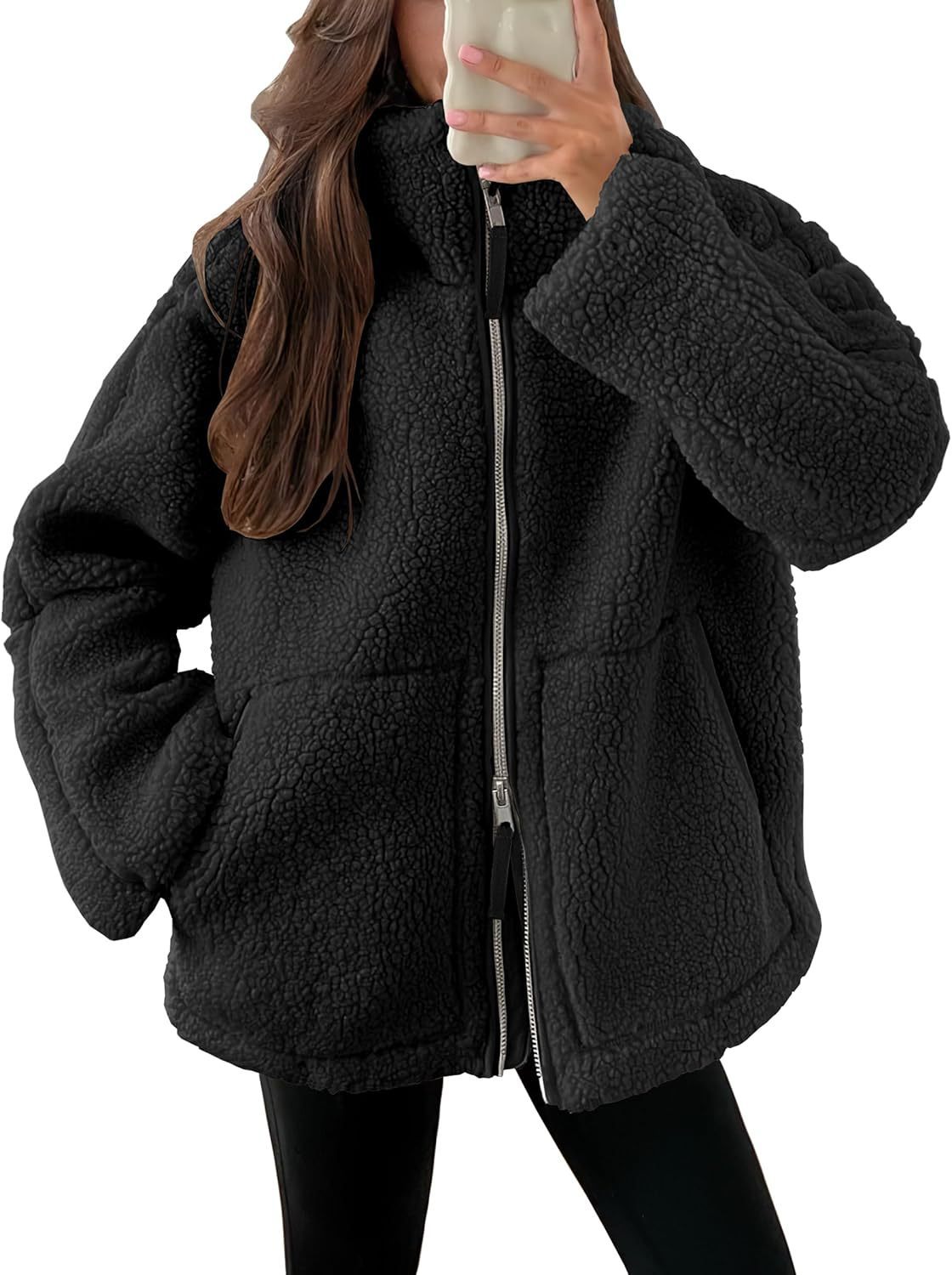 Solid Fleece Long-sleeve Winter Lapel Zip-up Coat With Pockets