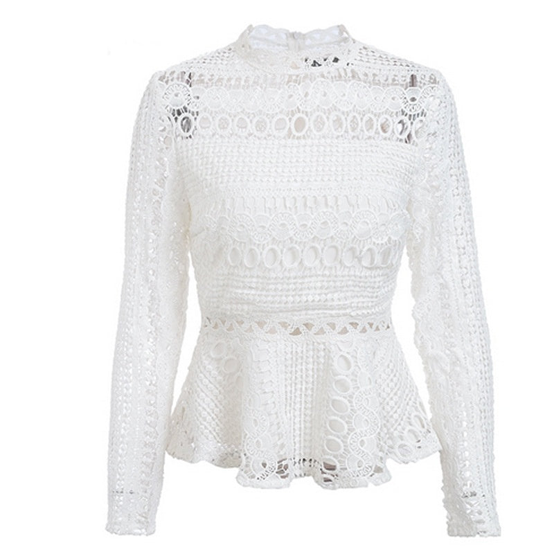 Crocheted Hollow Long Sleeve Lace Shirt