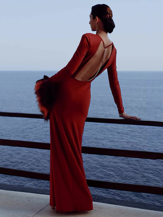 Burgundy Red Backless Chain Long Sleeve Dress