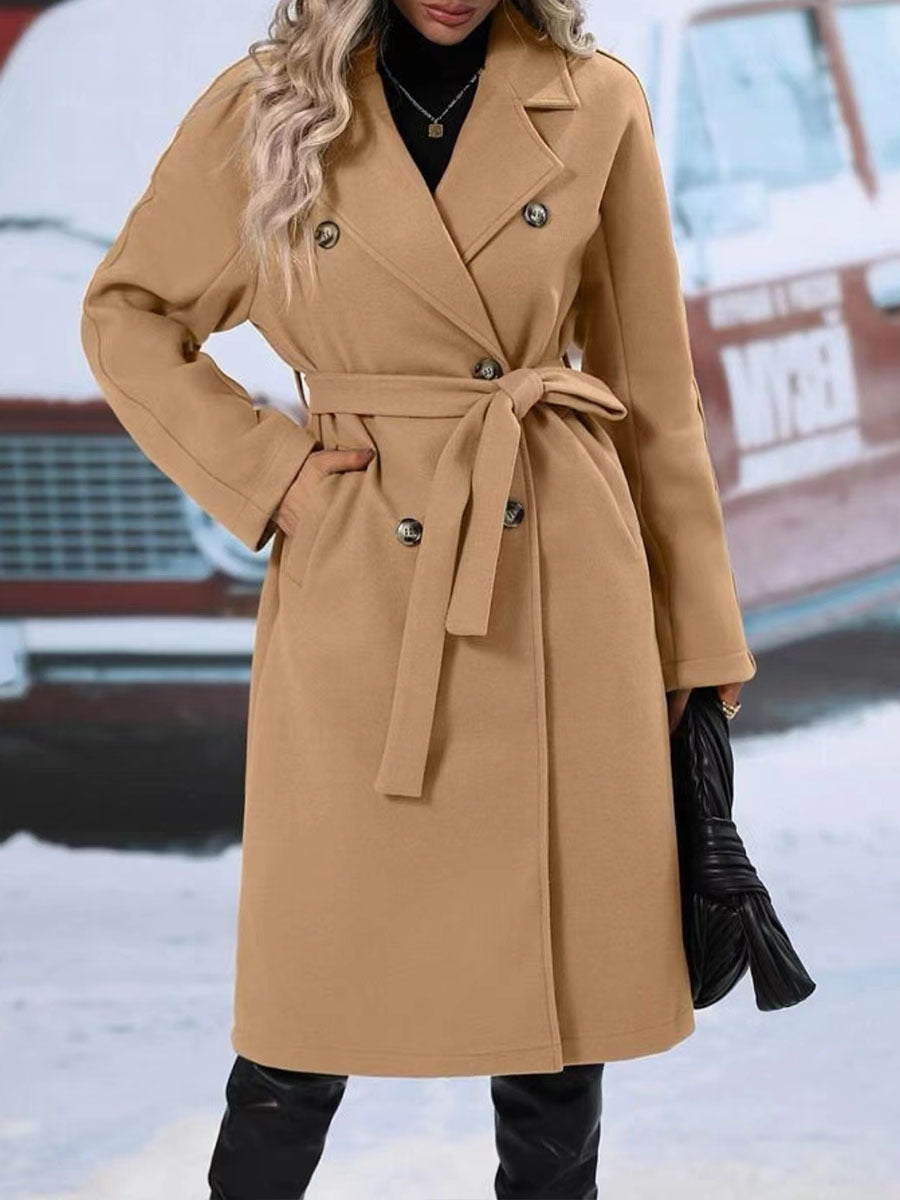 Solid Color Lapel Double-breasted Trench Coat With Belt