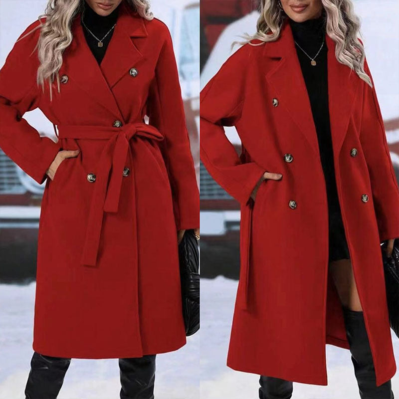 Solid Color Lapel Double-breasted Trench Coat With Belt