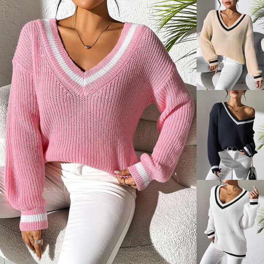 Women's Sweater Contrast Color V-neck Loose Sweater Casual