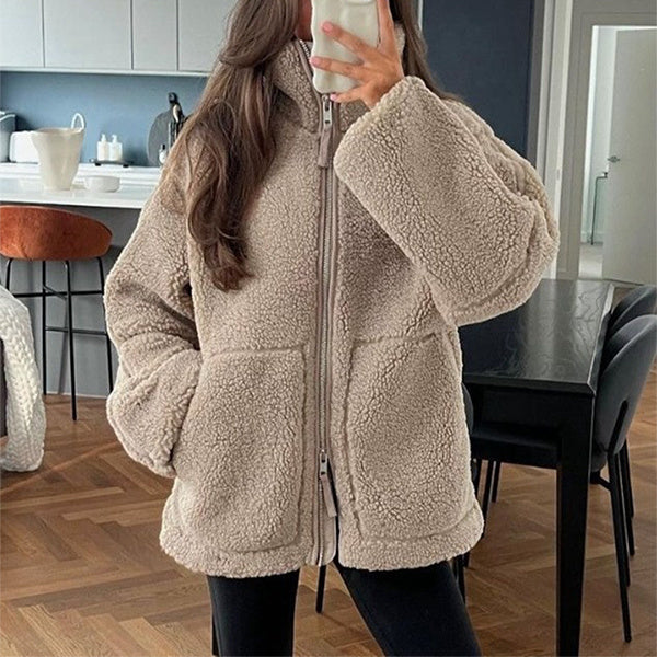 Solid Fleece Long-sleeve Winter Lapel Zip-up Coat With Pockets