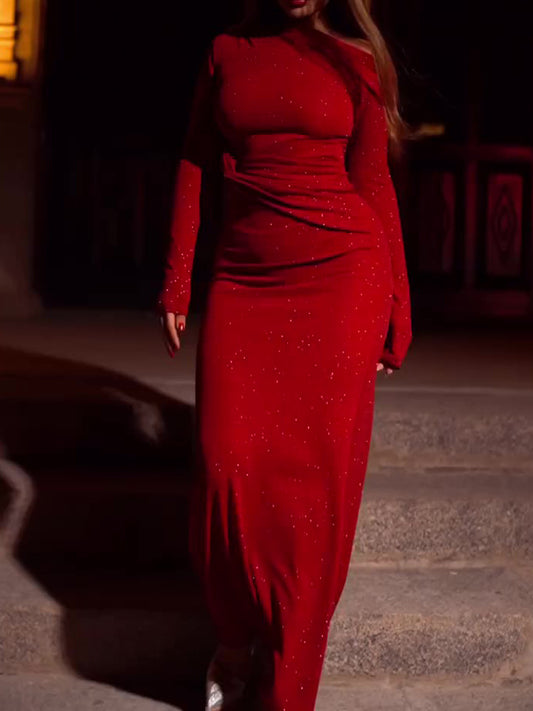 Red Long-sleeve Twisted Sequin Dress