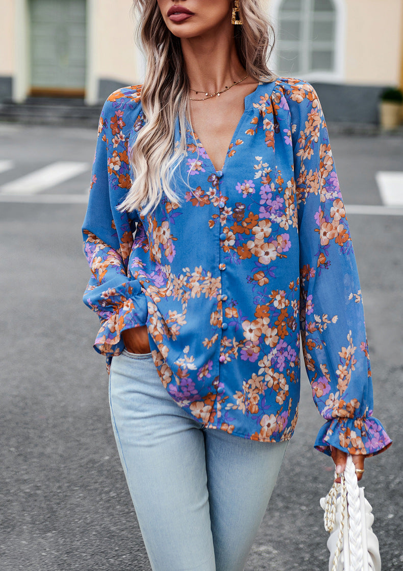 Women's Floral Print V-Neck Long Flounce Sleeve Loose Chiffon Blouse