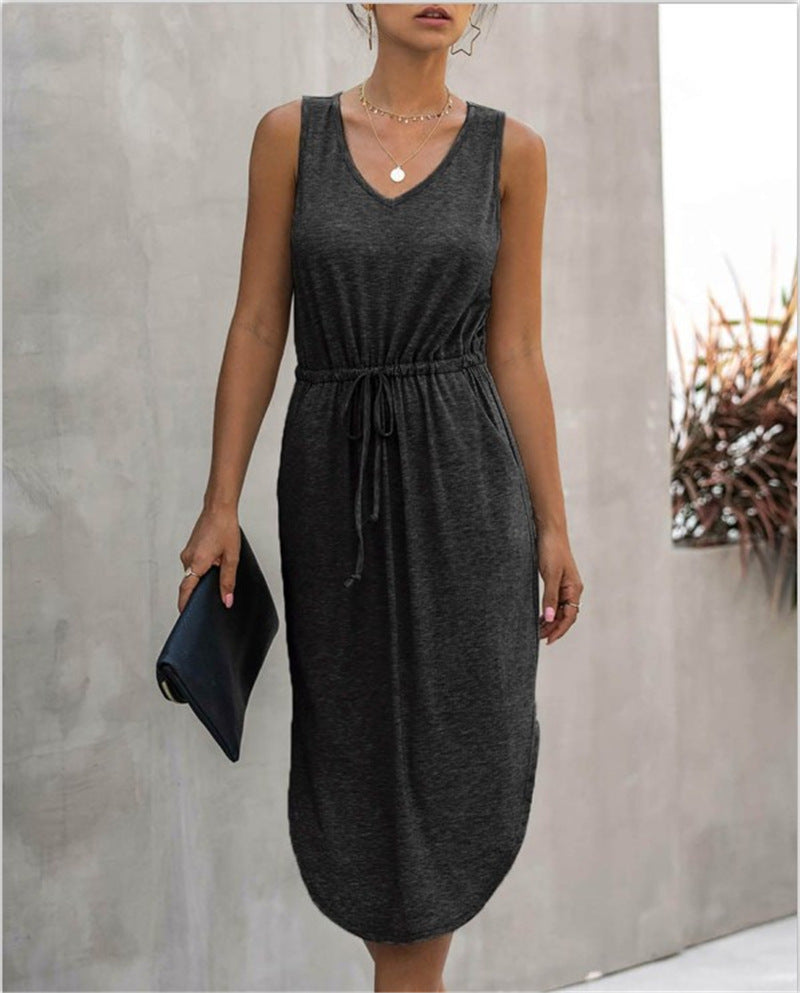 Cinched-waist Wide V-Neck Vest Dress