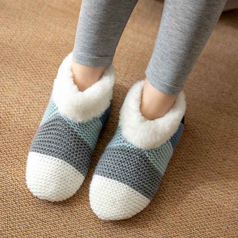 Home Indoor Warm Non-slip Color-matching Knitted Plush Floor Socks