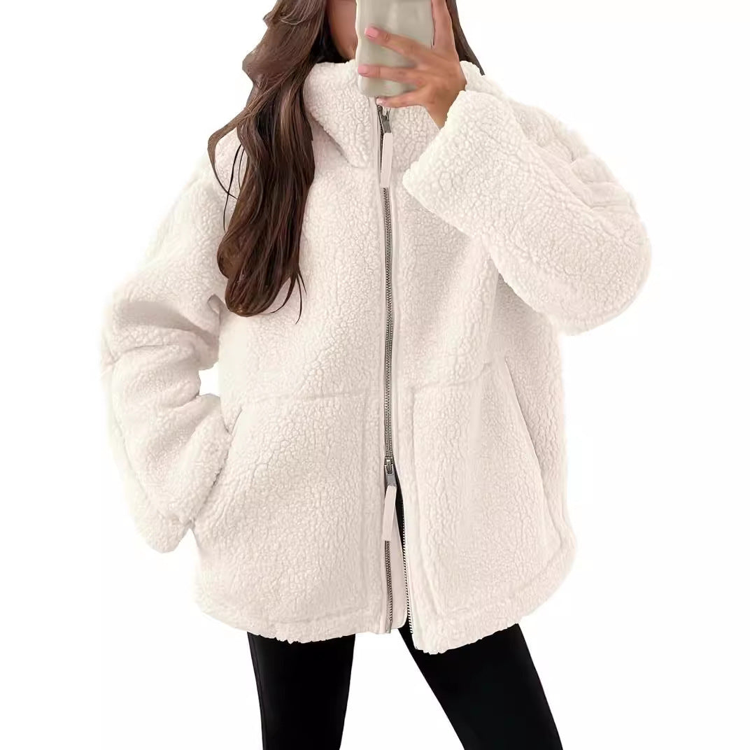 Solid Fleece Long-sleeve Winter Lapel Zip-up Coat With Pockets