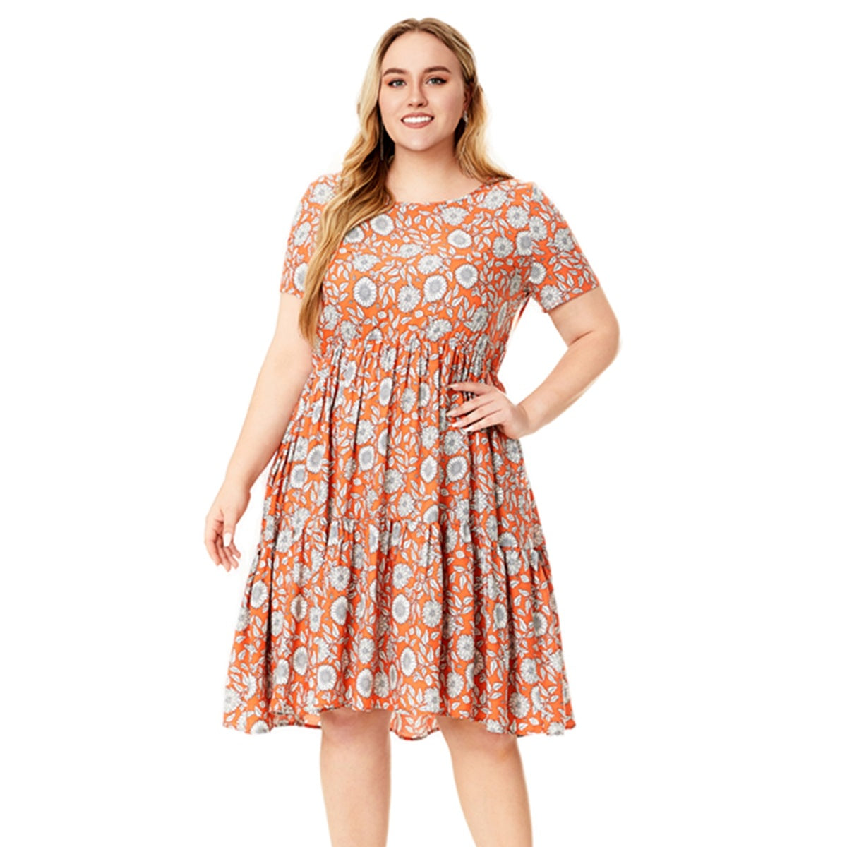 Short Sleeve Floral Printed Round Neck Dress