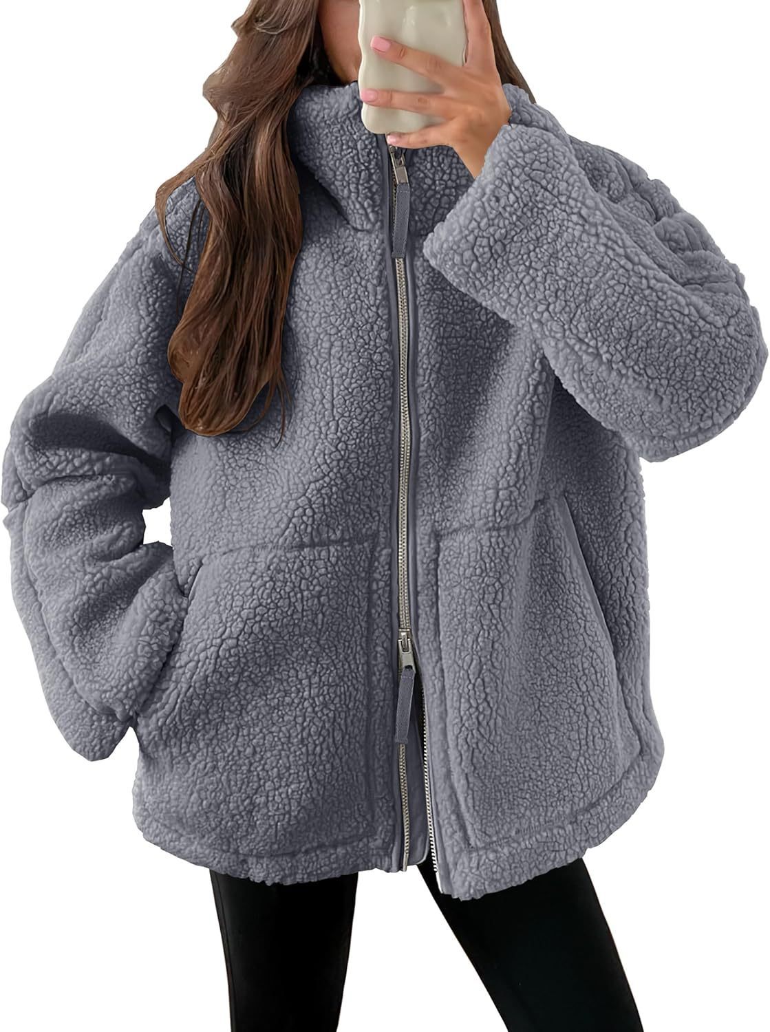 Solid Fleece Long-sleeve Winter Lapel Zip-up Coat With Pockets