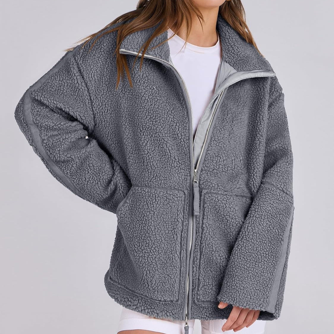 Solid Fleece Long-sleeve Winter Lapel Zip-up Coat With Pockets