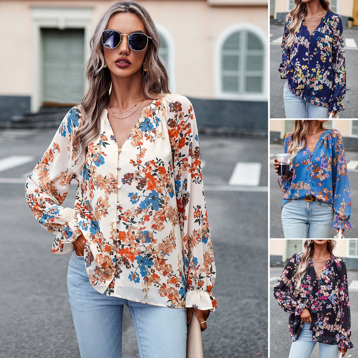 Women's Floral Print V-Neck Long Flounce Sleeve Loose Chiffon Blouse