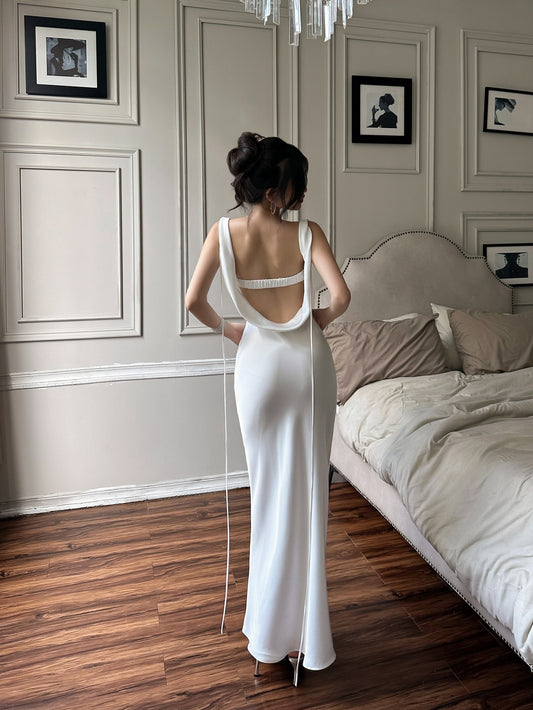 White Satin Backless Cutout Dress