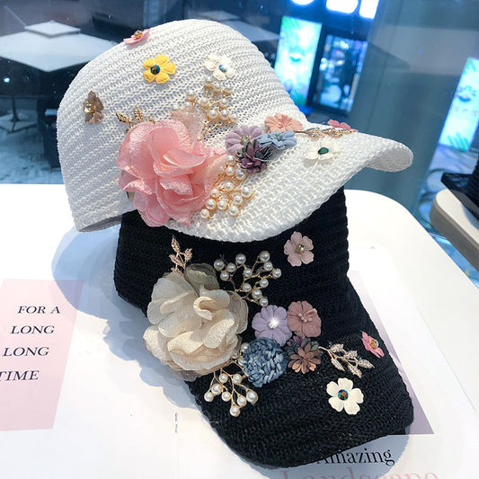 Women's Knitted Flower Rhinestone Handmade Applique Sunshade Cap