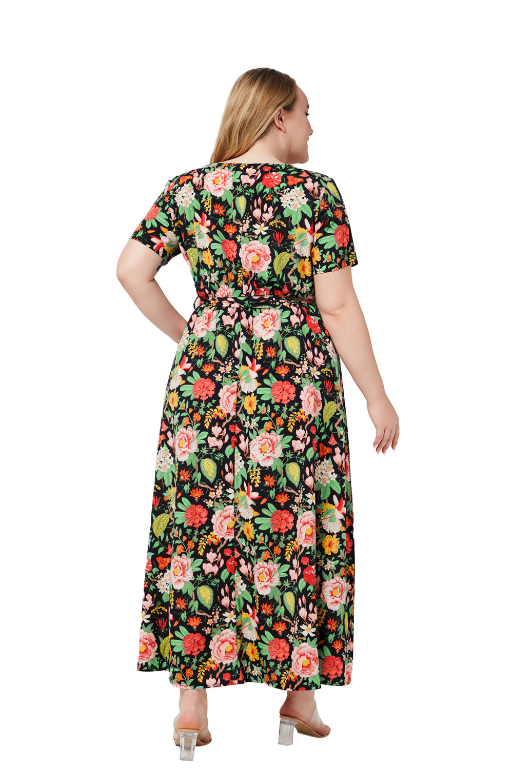 V-neck Short Sleeve Flowing Floral Dress