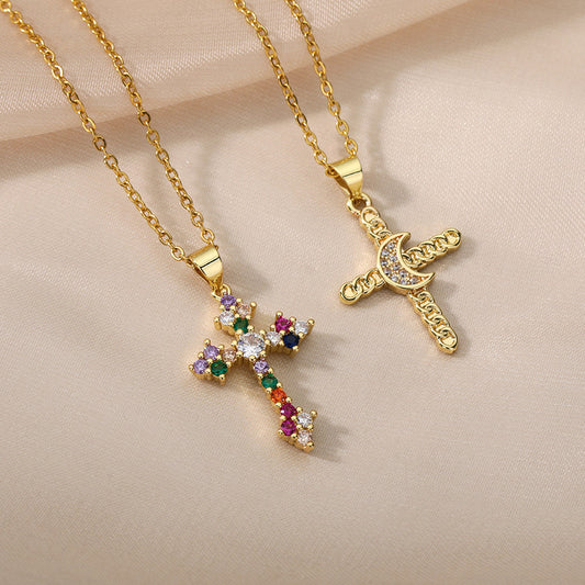 Color Zirconium Cross Pendant Necklace